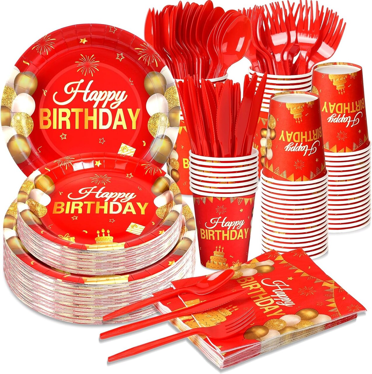 168 Pcs Red and Gold Party Supplies Tableware Set Happy Birthday Plates, Knife,Forks,Spoons, Cups and Napkins Table Decorations